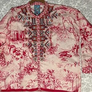 Johnny Was Pink and Red Floral Embroidered Button-Up Blouse
